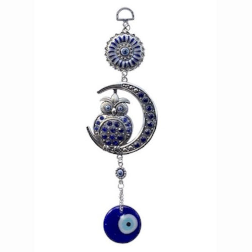 Metal Hanging Owl & Moon with Evil Eye